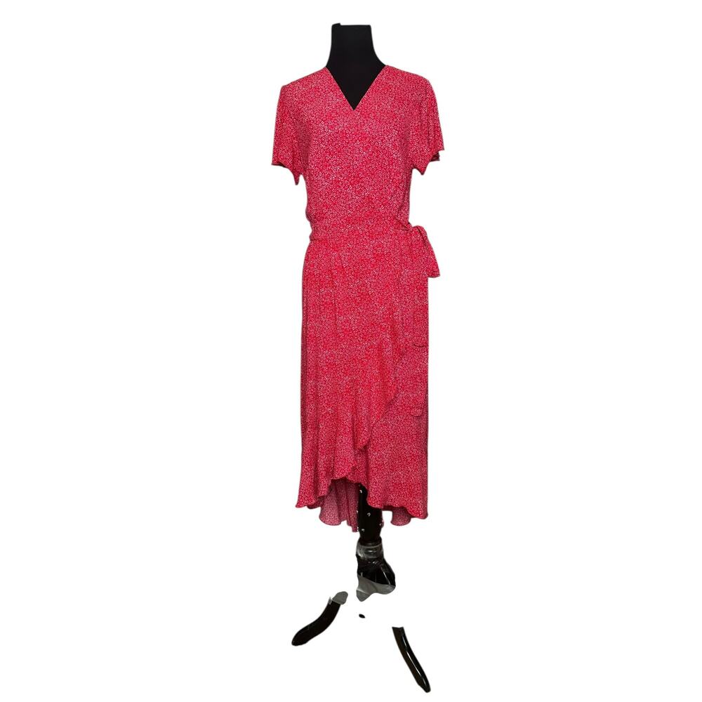 Zesica red white print short sleeves wrap midi dress size Small - Picture 12 of 16